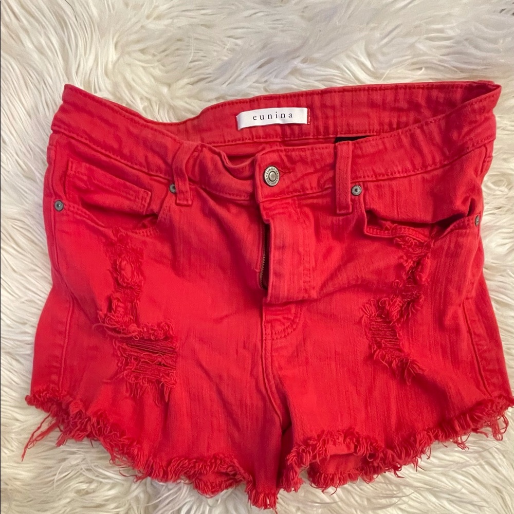 Red Jean shorts high waisted cut off